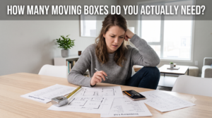 Woman looking confused while calculating moving box quantities, surrounded by moving checklist papers, floor plans, measuring tape, and calculator, representing the overwhelm of figuring out how many boxes are needed for a move.