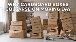 Cluttered moving day scene showing collapsed and damaged cardboard boxes with packing tape scattered across a wooden floor, illustrating why cardboard boxes fail during moves and the chaos of traditional packing methods