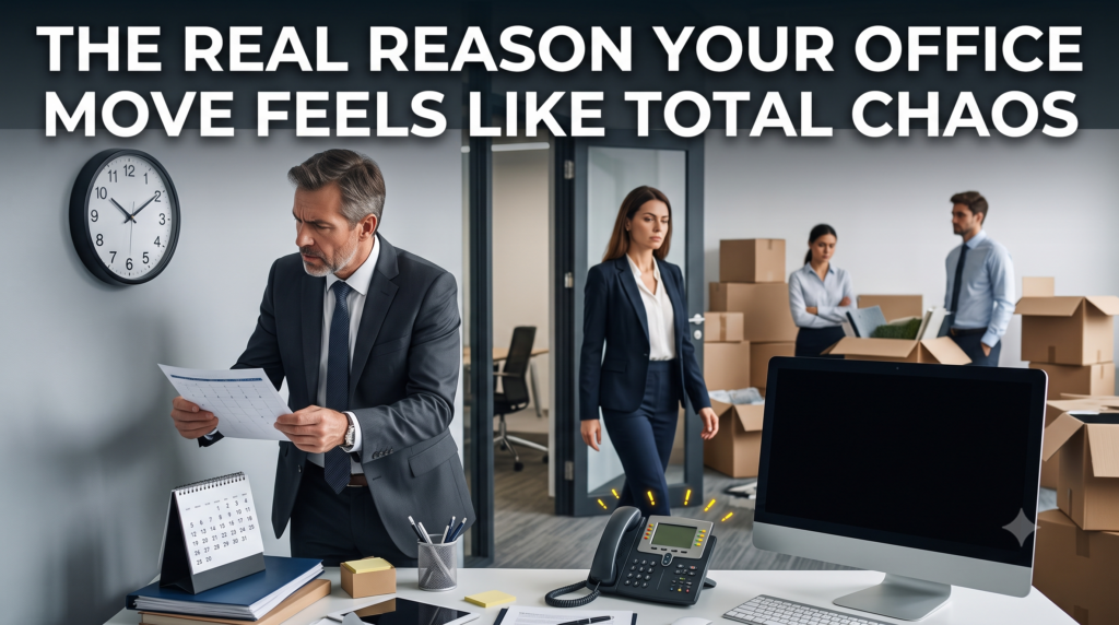 Frustrated business owner holding timeline documents while standing in office surrounded by moving boxes, disconnected computer, idle employees, and wall clock showing lost time during office relocation, illustrating the real business cost of chaotic office moves